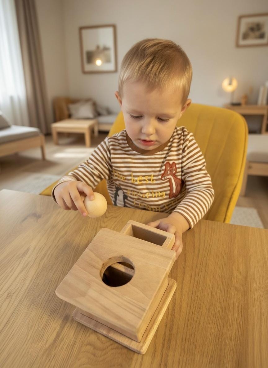 Montessori kutija s kuglom i ladicom od punog drveta bukve