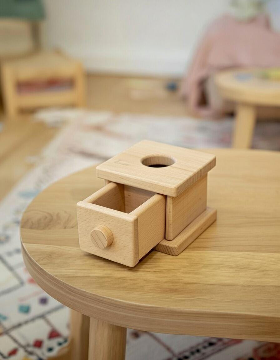 Montessori kutija s kuglom i ladicom od punog drveta bukve